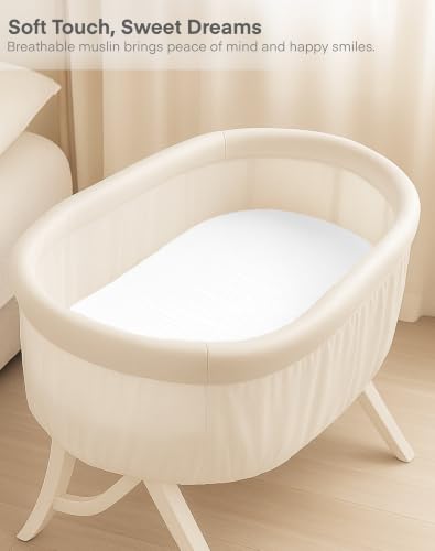 Image of Muslin Bedside Bassinet Sheets 2 Pack, 33x20 Fitted Ultra Soft & Breathable Bedside Sleeper Sheets, Ideal for Baby Girl and Boy, Perfect for Newborns (White-White, Bedside Sleeper Sheet)