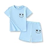 Vitalique Size 13 14 Years Boys Clothes Youth Fashion Set 2-Piece Short Sleeve T-Shirt Shorts Summer Fall Clothing Set Sky Blue(13-14Y)