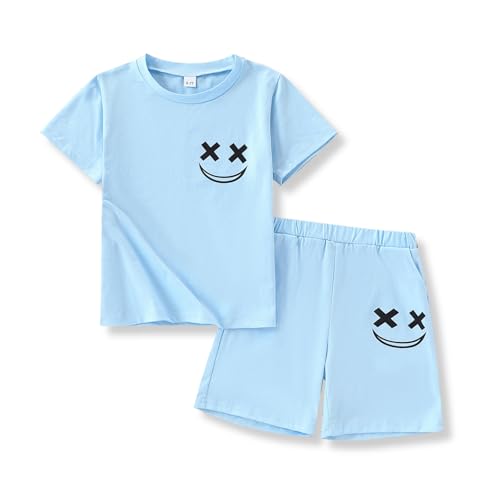 Vitalique Size 13 14 Years Boys Clothes Youth Fashion Set 2-Piece Short Sleeve T-Shirt Shorts Summer Fall Clothing Set Sky Blue(13-14Y)