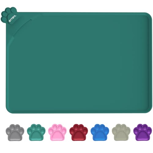 Waterproof Dog Feeding Mats with High Lips 55 x 38cm, Silicone Pet Mat, Non-Slip Dog Cat Food Water Mat for Floor Protection, Spill-Proof(GREEN)