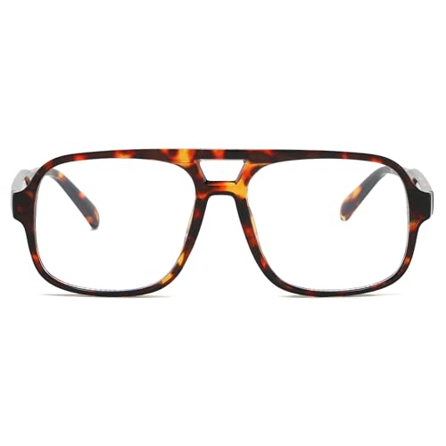 Image of Mirkcittle Retro Square Aviator Blue Light Blocking Glasses for Women Men Oversized Pilot Eyeglasses Fake Nerd Frame