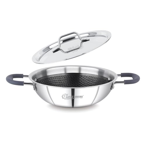 Image of Classic Steels Hexa Comb Triply Kadai with Steel Lid - 1 LTR (18cm) | Stainless Steel Non-Stick Kadhai for Cooking | Gas & Induction Compatible | 2.5mm Thickness | Durable Stay Cool Silicon Handle