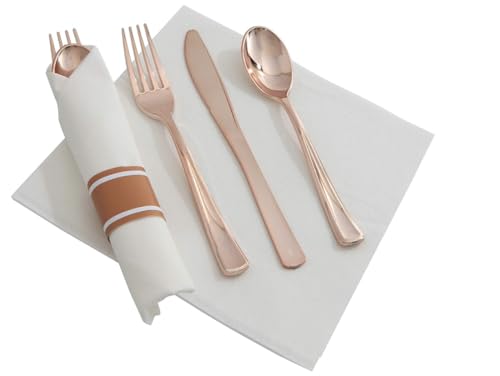 Lista de Cubiertos desechables elegantes para comprar hoy. 46 Party Day, Juego de 25 Cubiertos Preenrollados con tenedores, cuchillos, cucharas y Servilletas - Juego de cubiertos elegantes para eventos formales (Gold Rose)