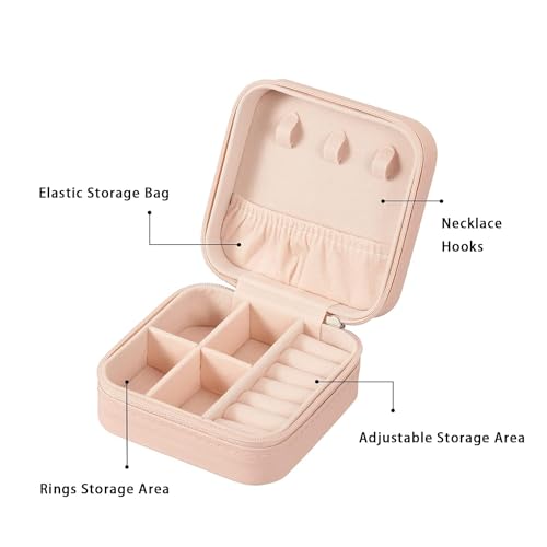 Image of Ballotte Ckps Jewellery Organiser Pu Leather Zipper Portable Storage Box Case With Dividers Container For Rings, Earrings, Necklace Home Organizer, Pink