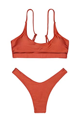 FAFOFA Womens Sexy Bikini Sets Low Scoop Neck Spaghetti Straps Cut Out Underboob Crop Top High Cut Cheeky Bottom 2PCS Swimsuit Beachwear Dark Orange S