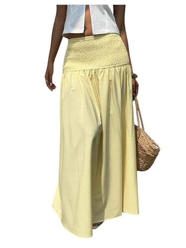 Floerns Women's Summer Maxi Skirt Shirred Elastic Waist Beach Vacation Flowy A Line Skirt