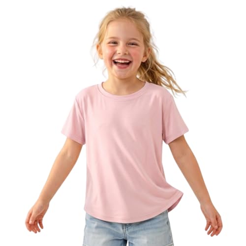 Image of WELAKEN Girls Soft T-Shirt with Curved Hem, Breathable Stretchy Rayon Crewneck Short Sleeve Tees, Kids Everyday Basic Top