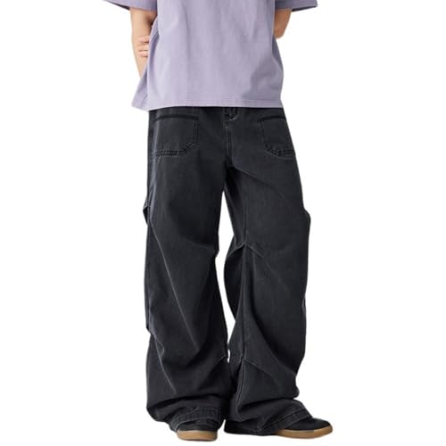 Y2k Washed Jeans for Mens Fashion Pleated Mid-Rise Loose Fit Denim Pants Streetwear