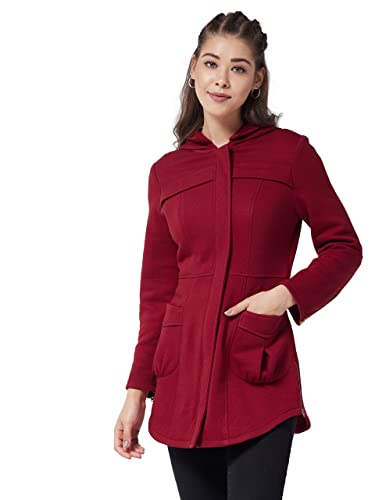 Image of Miss Chase Polyesterblend Women Hooded Full Sleeve Solid Longline Jacket
