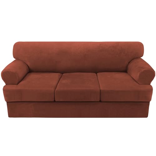 H.VERSAILTEX Sofa Cover 4 Piece T Cushion Sofa Slipcovers Thick Velvet Couch Cover Stretch T Cushion Sofa Covers for 3 Cushion Couch with 3 Individual T Cushion Covers Washable, Rust