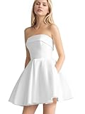 Leeskoot Satin Prom Dresses for Women - Mini Wedding & Homecoming Dresses in White, Sleeveless A Line with Pocket, US12