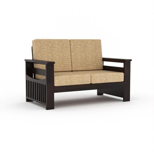 Image of Sheesham Wooden 2 Seater Sofa for Living Room | Rosewood 2 Seater Cushion Sofa Side Half Moon Rack | Solid Wood Sofa Set for Lounge (2 Seater,Walnut)