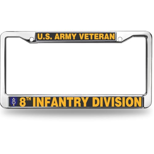Image of US Army Veteran 8th Infantry Division License Plate Frame Metal Holder | US Army Veteran 8th Infantry Division License Plate Frame Heavy Duty Metal Tag Holder Cover Fit Standard US Auto Accessories