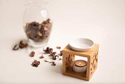 La Madera Bamboo Wooden Oil Burner Wax Melt Burner Oil Diffuser with Ceramic Candle Holder and 10 ml Bottle of 100% Pure Sandalwood Oil (White)