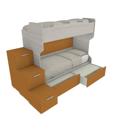 MOBILFINO CAMERETTE SMARTG - Lit superposé avec échelle conteneur et deuxième lit extractible (ou commode en alternative) - Chêne Rock et soufre, avec tiroirs...