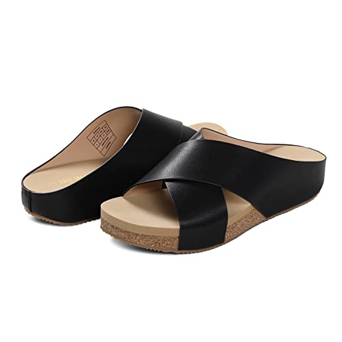 DREAM PAIRS Women's Cork Slide Sandals Slip on Open Toe Cute Platform Criss Cross Flat Sandals for Summer2