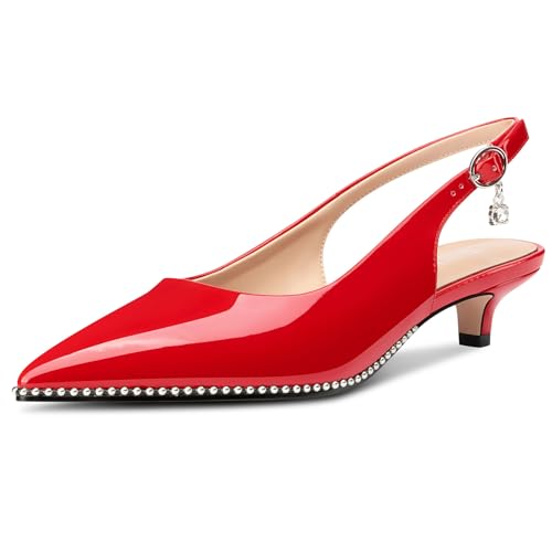 Image of TNYNFBEB Womens Low Kitten Heel Close Pointed Toe Pumps Slingback Silver Beaded Buckle Prom Party Dress Patent Leather 1.4 Inches Heels