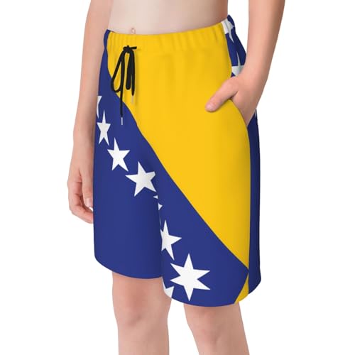 Flag of Bosnia and Herzegovina X-Large Youth Beach Pants, Soft and Breathable, with Drawstring Waist, Suitable for Sports and Leisure. Black4