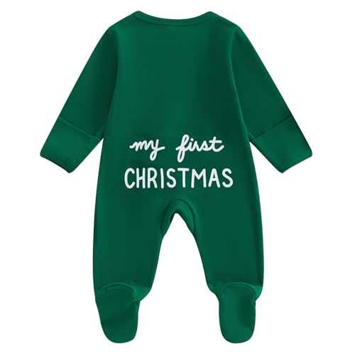 Lamuusaa Newborn Baby Girl Boy Christmas Outfit My First Christmas Footie Romper Zipper Bodysuit Jumpsuit Fall Winter Clothes
