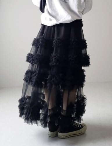 Perbai Women's Long Tulle Skirt High Waisted A Line Ruffle Tiered Flowy Mesh Tutu Skirt Petticoat4