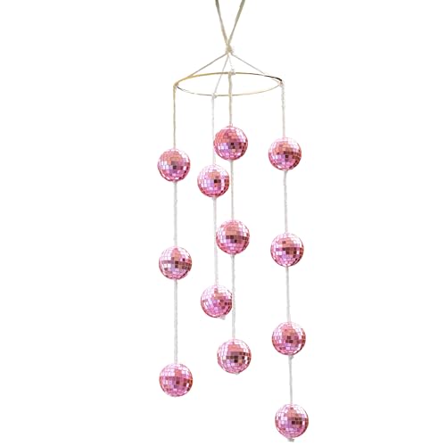 Disco Ball Mobile Spiral Spinner with Metal Circle Reflective Pink Mirror Ball Light Catcher for Indoor Outdoor Yard Garden Patio Home Decoration and Party Wedding Festival Birthday