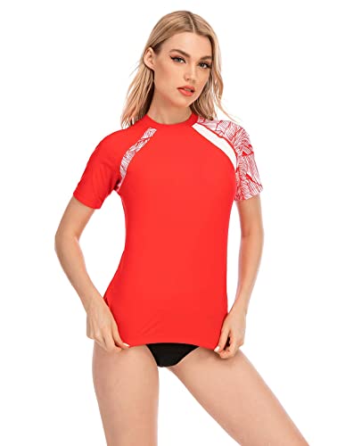 T-shirt rashguard à manches courtes pour femme - Séchage rapide - Pour le surf et la natation, Rouge, L Cover