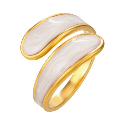 Chunky Gold Rings For Women, Stainless Steel White Two Tone Ring Trendy Stackable Fake Engagement Promise Statement Jewelry Gift 7