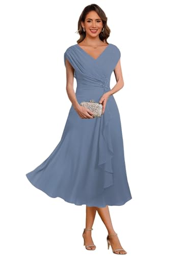Chiffon Mother of The Bride Dresses Cap Sleeves Pleated Formal Evening Dress Hi007