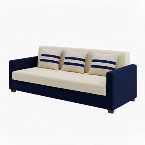 Image of FURNY Lifestylio 3 Seater Fabric Sofa Set (Cream-Dark Blue) Premium Velvet Finish | Ideal for Living Rooms, Offices