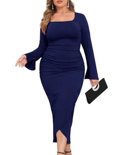 Image of ZOMVA 2024 Plus Size Cocktail Dress Comfortable Bell Sleeves Wedding Guest Square Neck Semi Formal