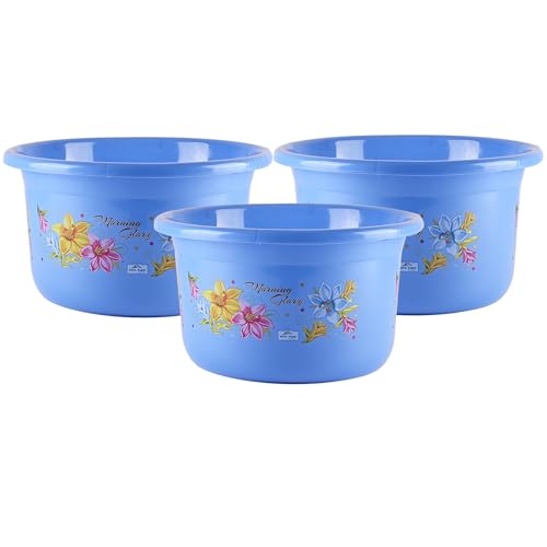 Image of Kuber Industries Pack of 3 Plastic Tub | Bath Tub of Bathing & Washing | Tub for Bathroom | Bathtub for Baby | Flower Print Water Tub | 25 LTR | Blue