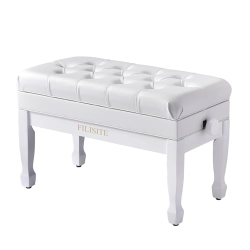 FILISITE Adjustable Duet Piano Bench with Storage, Heavy Duty Solid Wood Double Piano Stool Keyboard Bench Seat with PU Leather Padded Cushion (White)