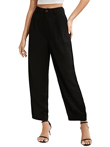 SweatyRocks Women's Casual High Waist Fold Pleated Straight Leg Trousers Work Pants with Pocket