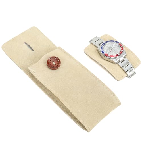 Image of CONTACT'S FAMILY Leather Watch Travel Case for 1 Watch (Beige) | Genuine suede leather, snap button closure, soft lining, ultra-compact 46g, vintage design, Valentine's gift for men.