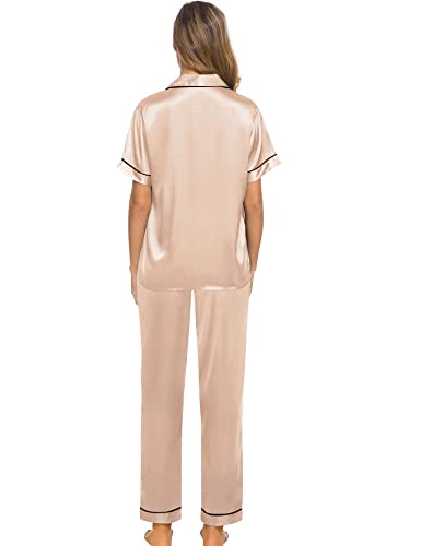 Swomog Womens Silk Satin Pajamas Short Sleeve Loungewear Two-Piece Sleepwear Button-Down Pj Set #TOP4