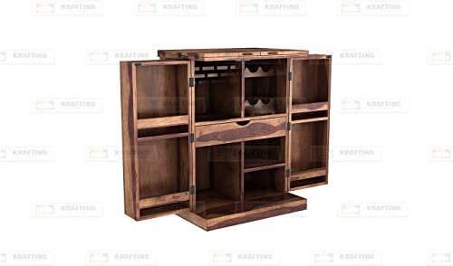Image of Wood Bar Cabinet for Home | Home Bar Furniture || Wooden Bar Cabinet with Storage || Bar Units || Bar Cabinet for Living Room || Wine Rack with Drawer & Glass Holder || Natural Finish