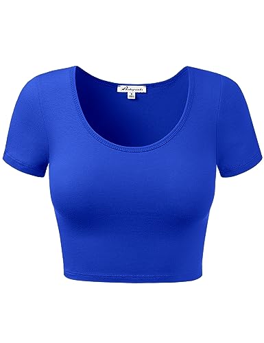 Women Cotton Scoop Neck Crop Tops Short Sleeve Basic Casual Shirts RoyalBlue S