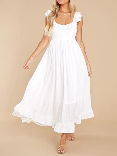R.Vivimos Summer Dress for Women Sleeveless Boho Ruffle Square Neck Tie Back Casual Backless Flowy Midi Dress3