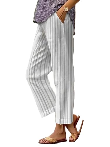 Summer Linen Pants for Women Casual Wide Leg Pants Plus Size Palazzo Pants Drawstring Elastic Waist Boho Pants