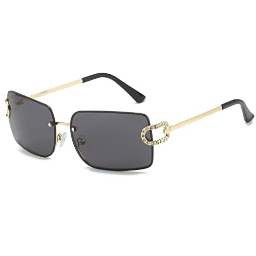 Ggpyyon Lunettes de soleil rectangulaires vintage pour femmes, lunettes de soleil carrées tendance des années 90 Y2K UV400, doré/noir Cover