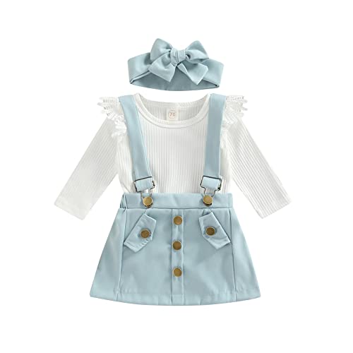 Image of Madjtlqy Infant Girls Summer 3Pcs Outfit Sets Ruffle Short Sleeve Ribbed Romper + Suspender Skirt + Headband