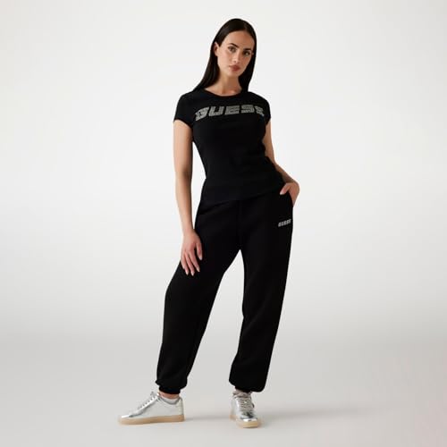 GUESS Camiseta con logo de pedrería, color negro, Negro , M
