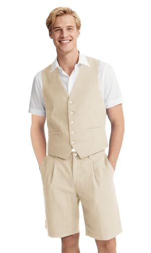 UNINUKOO Men's Linen Suit 2 Piece Vest and Shorts Suits for Men Summer Beach Weddings Set Dress Casual Party Tuxedo Suit Set
