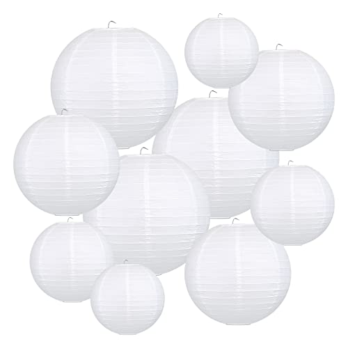 LIHAO 10pcs Lanterne Papier Blanche, 6' 8' 10' 12' Lampion Papier Boule, Décoration Mariage Champetre Anniversaire Noël Fête