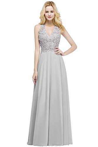 Misshow Robe Femme Longue Mousseline Chic Soirée Robe de Gala Longue Dentelle sans Manche Epaule Nu Sexy Dos Ajouré Gris 36