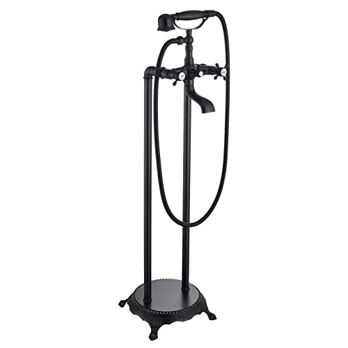 Freestanding Bathtub Faucet Oil Rubbed Bronze Floor Mount Tub Filler Double Cross Knobs Bathroom Mixing Tap with Handheld Shower Telephone Shape