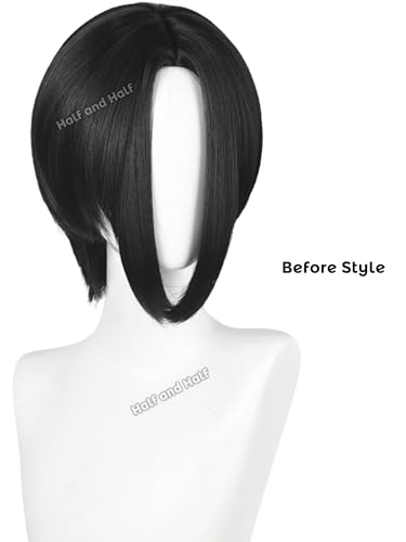 Image of Short Black Emo Wig Black Straight Anime Cosplay Wig with Bangs for Women | Black Center Part Punk Singer Costume Wigs Synthetic Hair for Halloween Party Costumes Daily