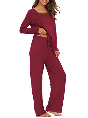 TIKTIK Womens Pajama Set Long Sleeve Sleepwear Scoop Neck Pjs Sets S-4XL, Wine, X-Large