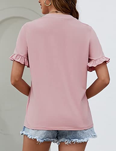Cicibird Casual Short Sleeve Tops For Women Round Neck Ruffle Plain T-Shirt Summer Loose Fit Shirts Pink M #TOP1