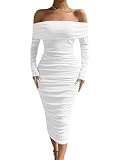 LAGSHIAN Women Sexy Off Shoulder Long Sleeve Bodycon Ruched Midi Elegant Cocktail Party Dress White